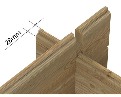 Holzverbindungsdetail mit Angabe der 28-mm-Stärke