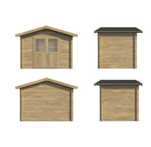 Ansichten eines Holzhauses mit Doppeltür