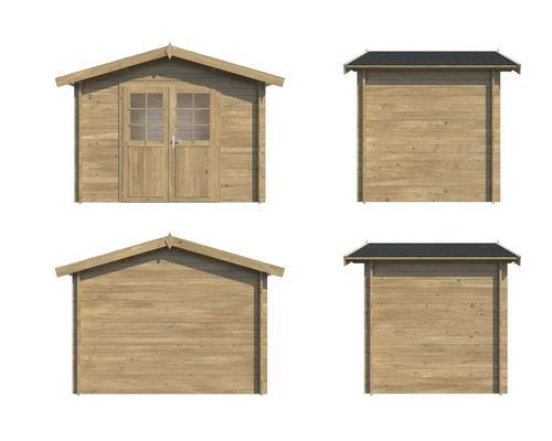 Ansichten eines Holzhauses mit Doppeltür