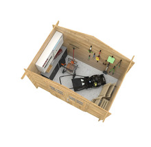 Innenansicht eines Holzgartenhauses mit Gartengeräten, Regalen und Rasenmäher