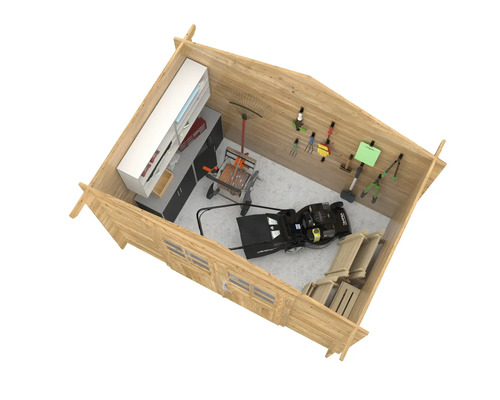 Innenansicht eines Holzgartenhauses mit Gartengeräten, Regalen und Rasenmäher