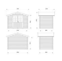 Technische Zeichnung eines Gartenhauses mit Maßangaben