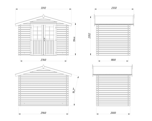 Technische Zeichnung eines Gartenhauses mit Maßangaben