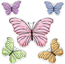 Fünf Schmetterlinge in verschiedenen Farbtönen.