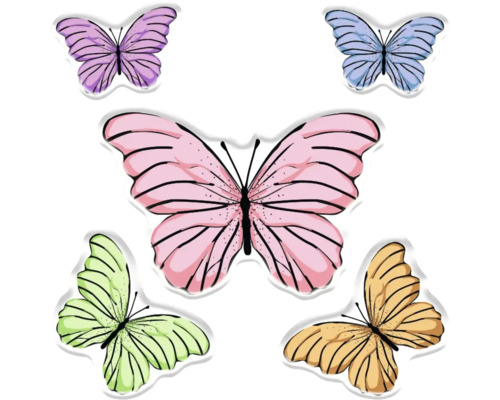 Fünf Schmetterlinge in verschiedenen Farbtönen.