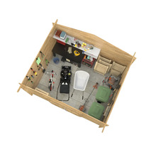 Innenansicht eines Holzgartenhauses mit Werkbank, Werkzeugen und Gartengeräten zur Aufbewahrung