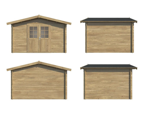 Gartenhaus aus Holz mit Doppeltür und Fenstern, verschiedene Ansichten