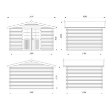 Technische Zeichnung eines Gartenhauses mit Maßangaben