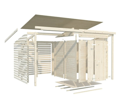 Explosionszeichnung eines Holz Gartenhauses zur Montage