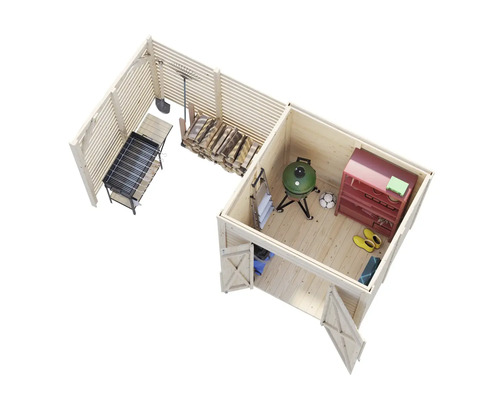 Ansicht von oben eines Holzgartenschuppens mit Grill, Gartengeräten, Holz und Aufbewahrungsmöbeln.