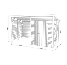 Technische Zeichnung eines Gerätehauses mit Abmessungen