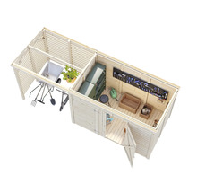 Ansicht von oben auf ein Gartengerätehaus mit Gartengeräten, Werkzeugen und Regalen