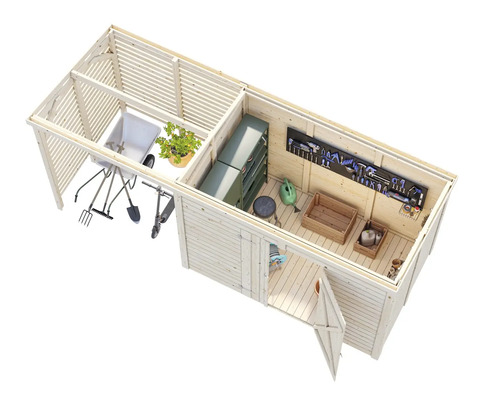 Ansicht von oben auf ein Gartengerätehaus mit Gartengeräten, Werkzeugen und Regalen