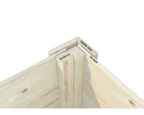 Detailansicht einer Ecke eines Holzhauses mit Maßen der Holzbalken