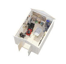 Gartenhaus mit Rasenmäher, Schubkarre, Werkzeugen und Gartenzubehör