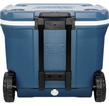Blau-graue Kühlbox mit Rädern und ausziehbarem Griff