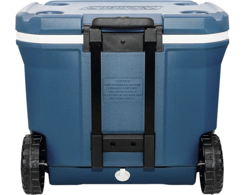 Blau-graue Kühlbox mit Rädern und ausziehbarem Griff