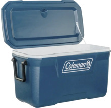 Blaue Kühlbox mit geöffnetem Deckel und Coleman Logo
