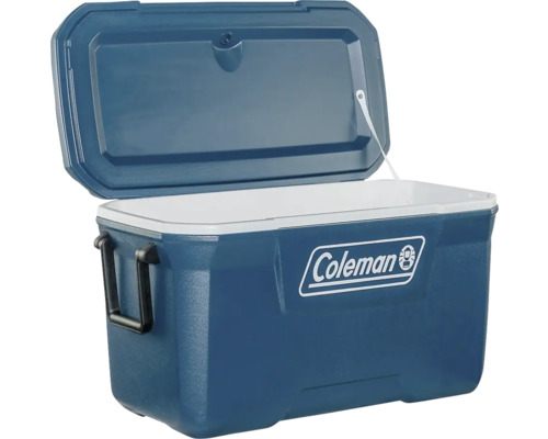 Blaue Kühlbox mit geöffnetem Deckel und Coleman Logo