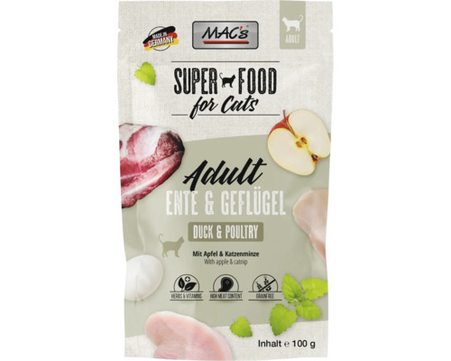 Mac's Superfood Katzenfutter Adult Ente und Geflügel, 100 Gramm Packung
