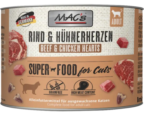 Mac's Katzenfutter Dose mit Rind und Hühnerherzen für ausgewachsene Katzen