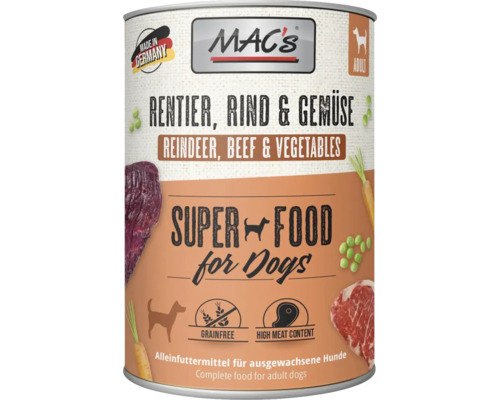 Mac's Hundenassfutter mit Rentier, Rind und Gemüse für ausgewachsene Hunde, getreidefrei und mit hohem Fleischanteil