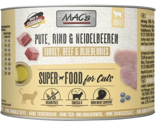 Mac's Katzenfutter mit Truthahn, Rind und Heidelbeeren für ausgewachsene Katzen