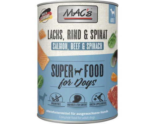 Macs Hundefutter Dose mit Lachs, Rind und Spinat für ausgewachsene Hunde