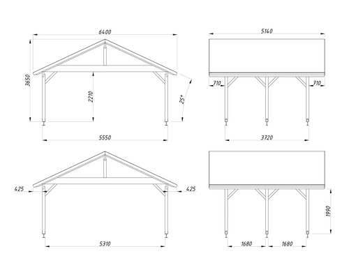 Technische Zeichnung eines Pavillons mit Maßangaben