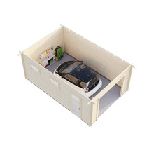 Holzgarage mit Auto, Regalen und Rasenmähroboter