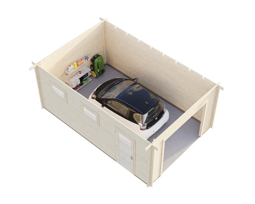 Holzgarage mit Auto, Regalen und Rasenmähroboter