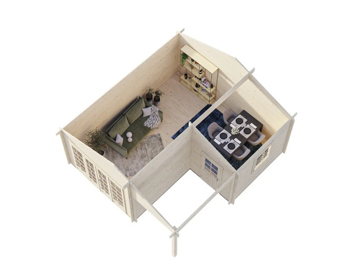 Innenansicht eines Gartenhauses mit Wohnbereich und Essbereich