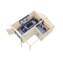 Innenansicht einer Garage mit Auto, Werkbank, Fahrrädern und Werkzeugschränken