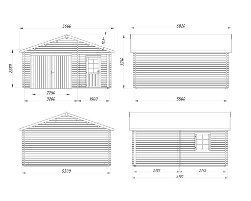 Technische Zeichnung einer Holzgarage mit Maßangaben.