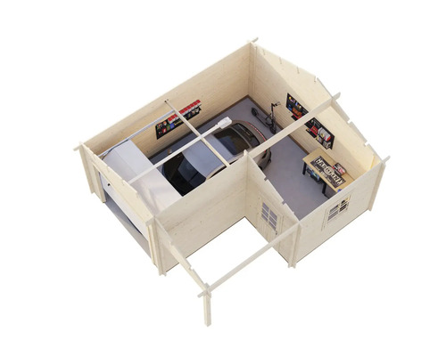 Draufsicht einer Garage aus Holz mit Auto, Werkbank und Werkzeugen