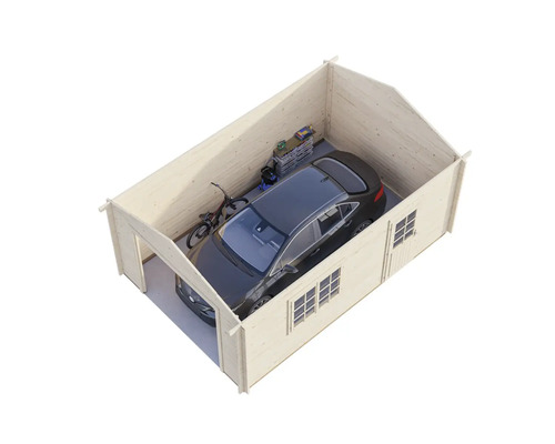 Holzgarage mit Auto, Fahrrad und Regal