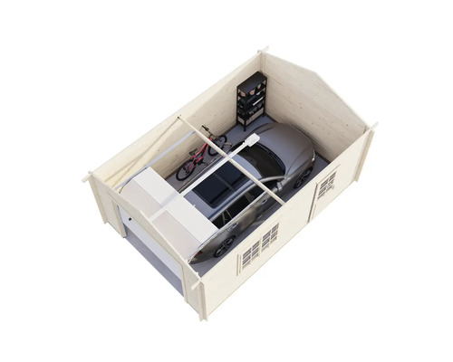 Holzgarage mit Auto, Fahrrad und Regal