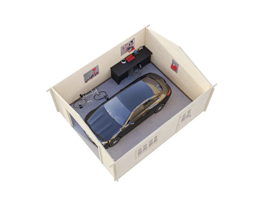 Dachansicht einer Garage mit Auto, Fahrrad und Werkbank