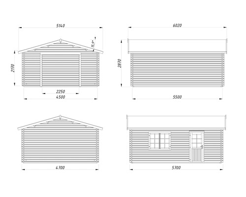 Technische Zeichnung eines Gartenhauses mit Maßangaben