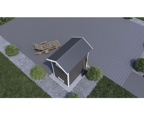 Übersicht eines Gartens mit Gerätehaus, Terrasse und Gartenmöbeln