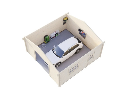 Garage aus Holz mit Auto, Regalen und Gartengeräten