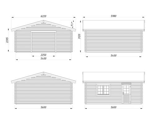 Technische Zeichnung eines Gartenhauses mit Maßangaben