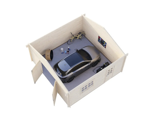 Illustration einer Holzgarage mit Auto, Fahrrad und Werkzeug