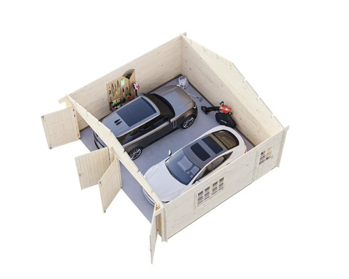 Draufsicht einer Holzgarage mit zwei Autos, Gartengeräten und Werkzeugwand