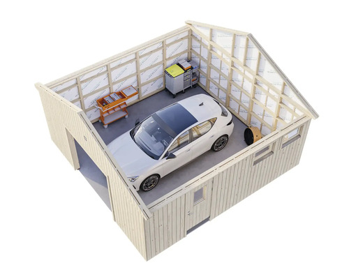 Garage mit Auto, Werkzeugwagen und Regalen