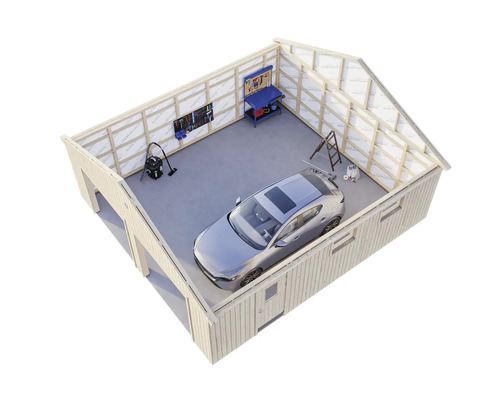 Garage mit Auto, Werkbank und Werkzeugen