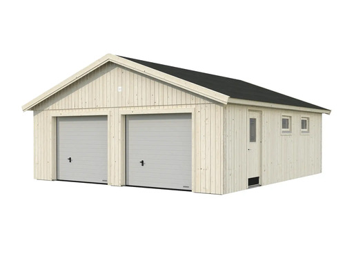 Doppelgarage aus Holz mit zwei Garagentoren und einer Seitentür