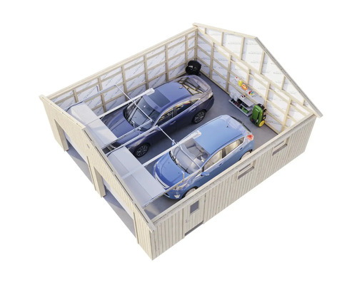 Garage mit zwei Autos, Regalen und Gartengeräten