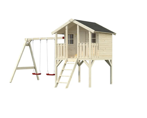 Spielhaus mit Schaukel aus Holz für den Garten