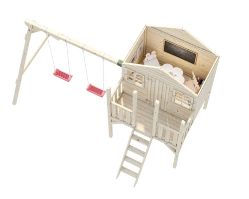 Spielhaus mit Schaukel aus Holz